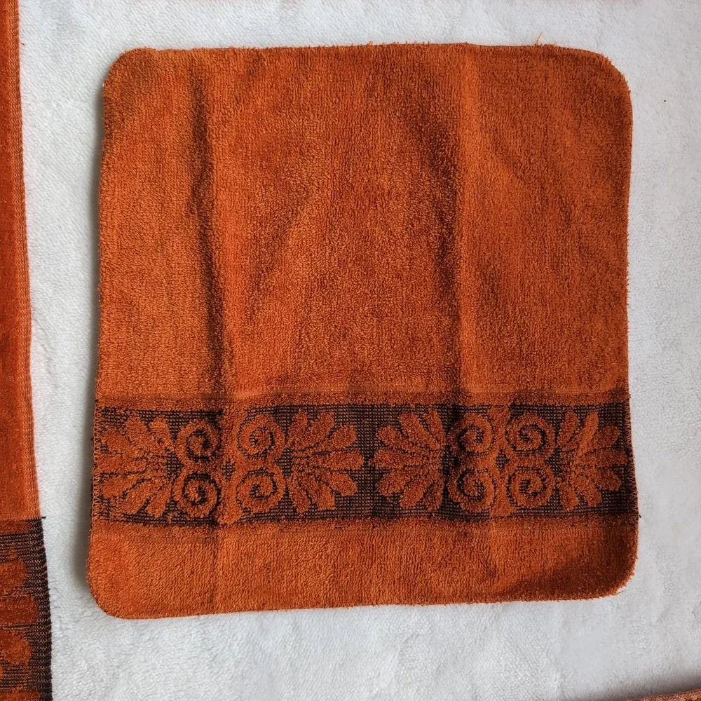 Vintage Cannon Monticello Towel Set Burnt Orange MCM 70s Sculpted Floral Fringe